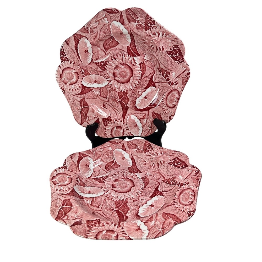 Spode England Red Transferware Sunflower Plate 9.25" Floral Scalloped‎ Pair